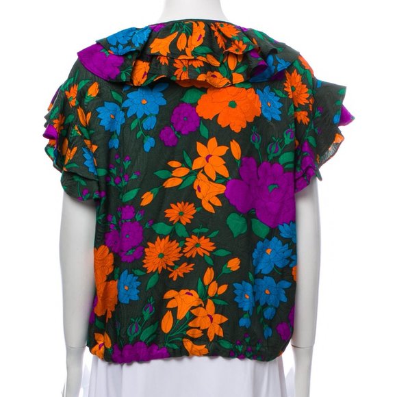 [Warm] Silk Floral Print Ruffle Tie Top - Picture 2 of 3